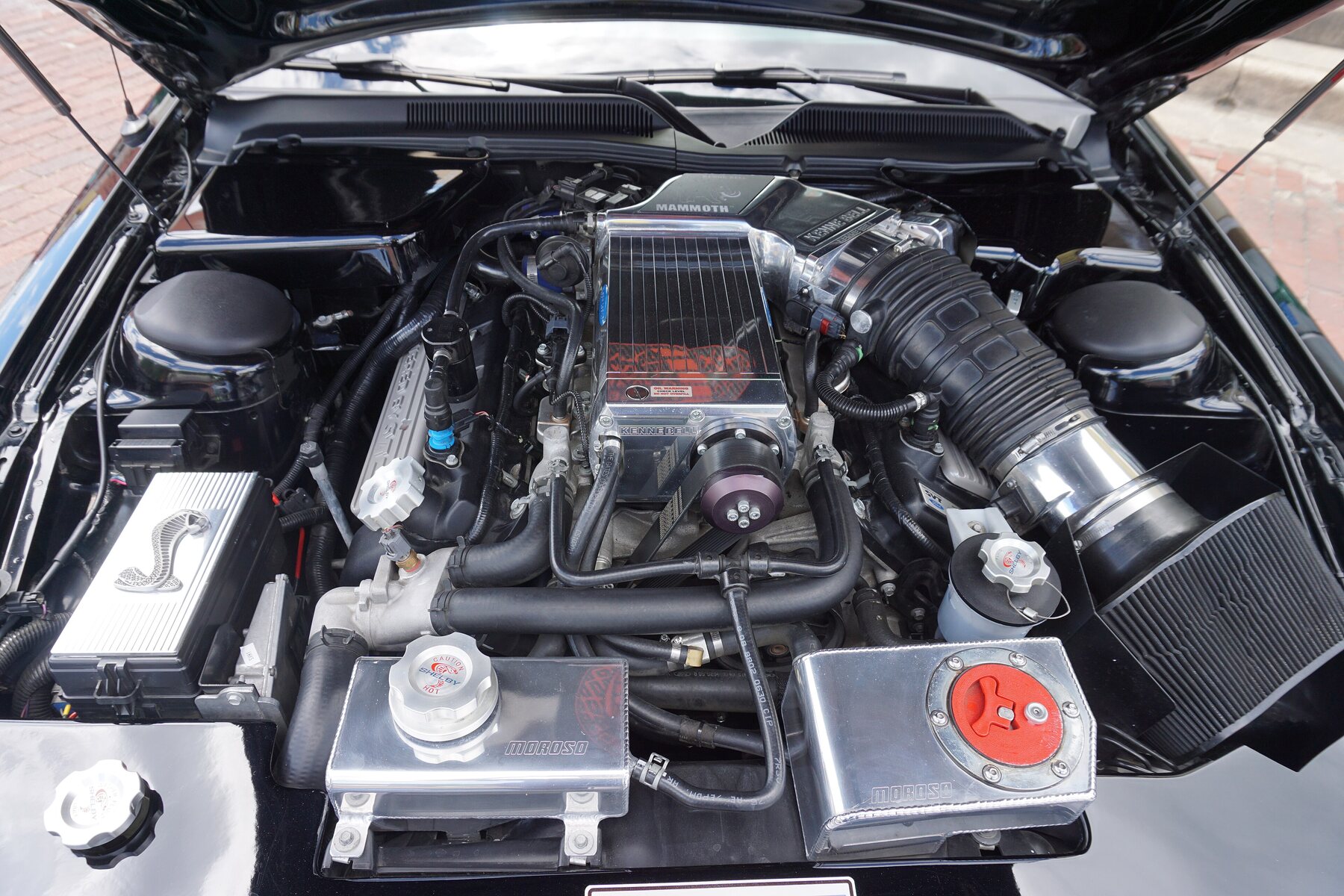 El 5.4 con compresor de un Shelby Mustang GT500 2008, en una exposición en Bois d'Arc, Texas, 2017.